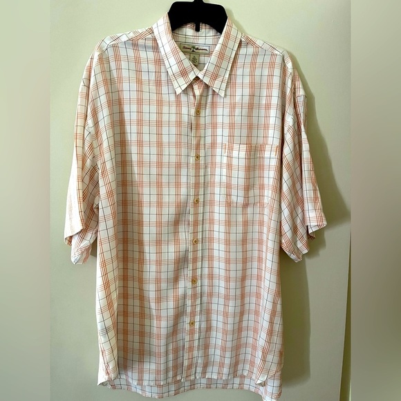TOMMY BAHAMA Men’s Orange/Cream Striped Button Down Short Sleeve Shirt. Size XL - Picture 1 of 9